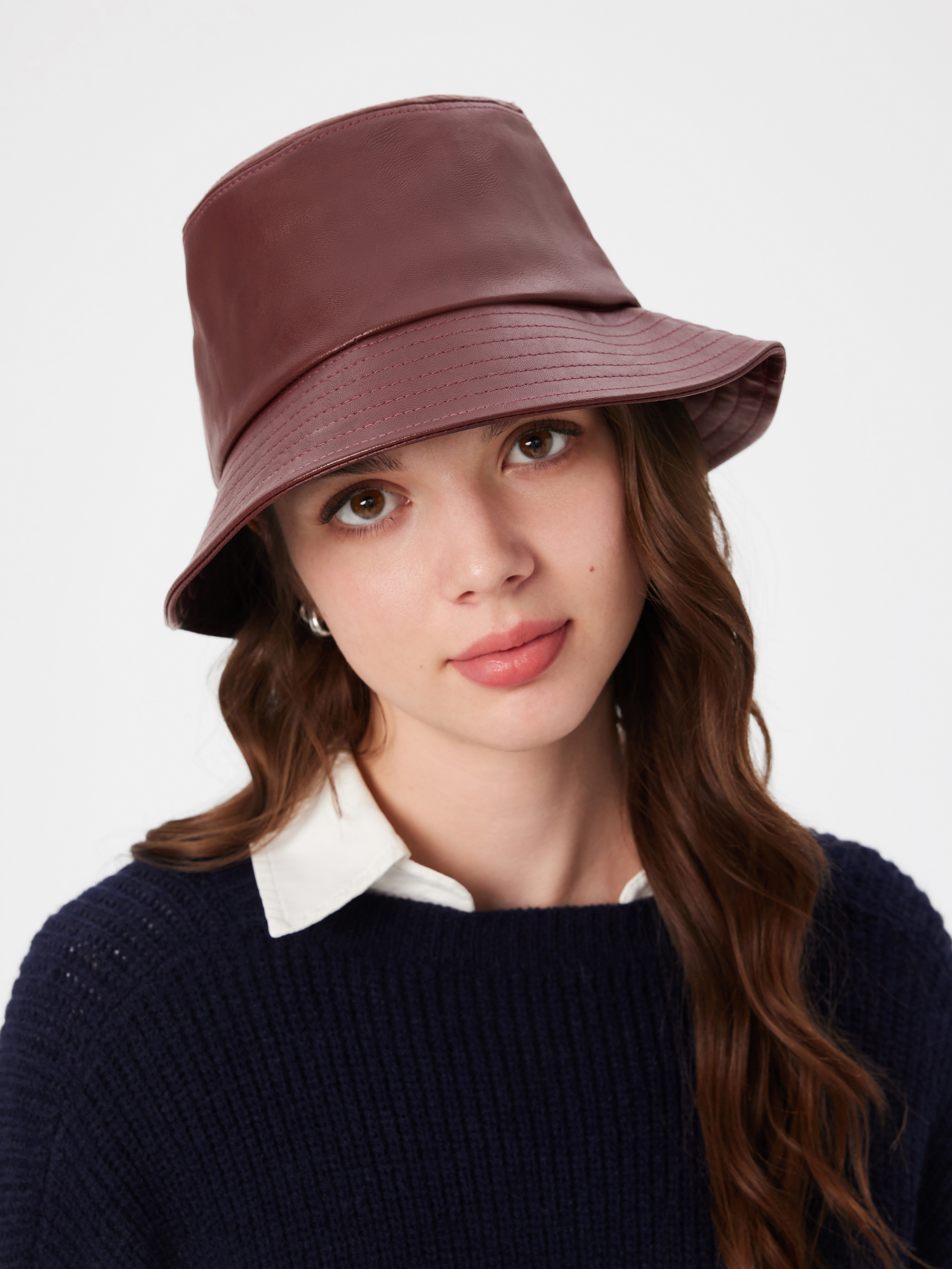 PU Leather SOLID BUCKET HAT For Daily Casual Coffee Shop | Cider