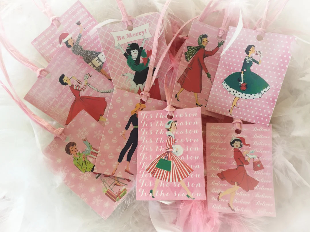 9 Pink Christmas Vintage Retro Woman Housewives Gift Tags & Ribbon Set- Pink Tree Ornaments Shabb... | Etsy (US)