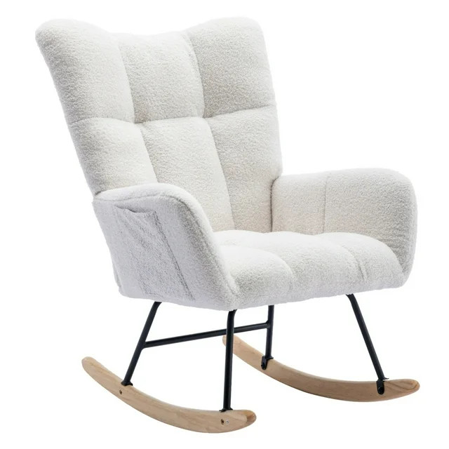 Soft Teddy Fabric Rocking Chair with Pocket, Upholstered Glider Chair with High Backrest Armchair... | Walmart (US)
