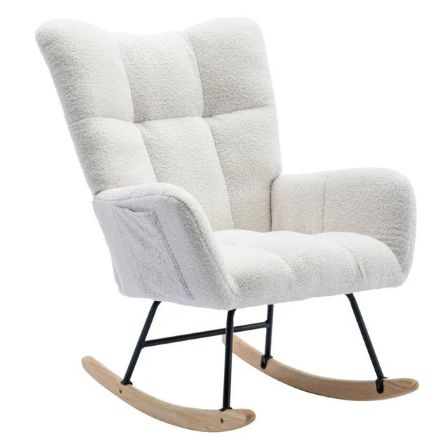 Soft Teddy Fabric Rocking Chair with Pocket, Upholstered Glider Chair with High Backrest Armchair... | Walmart (US)