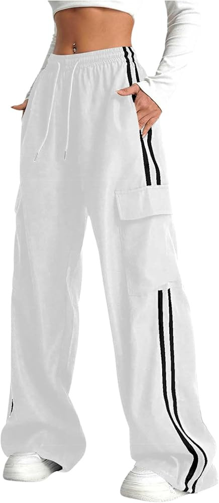 Verdusa Women's Cargo Pants Baggy Straight Wide Leg Track Pants Striped Joggers with Pockets Athl... | Amazon (US)