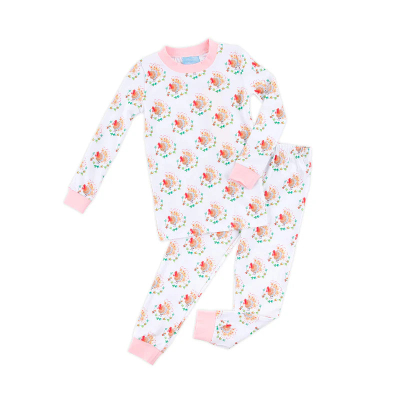 Feathery Turkey Print Pink Rib Pajamas | Classic Whimsy