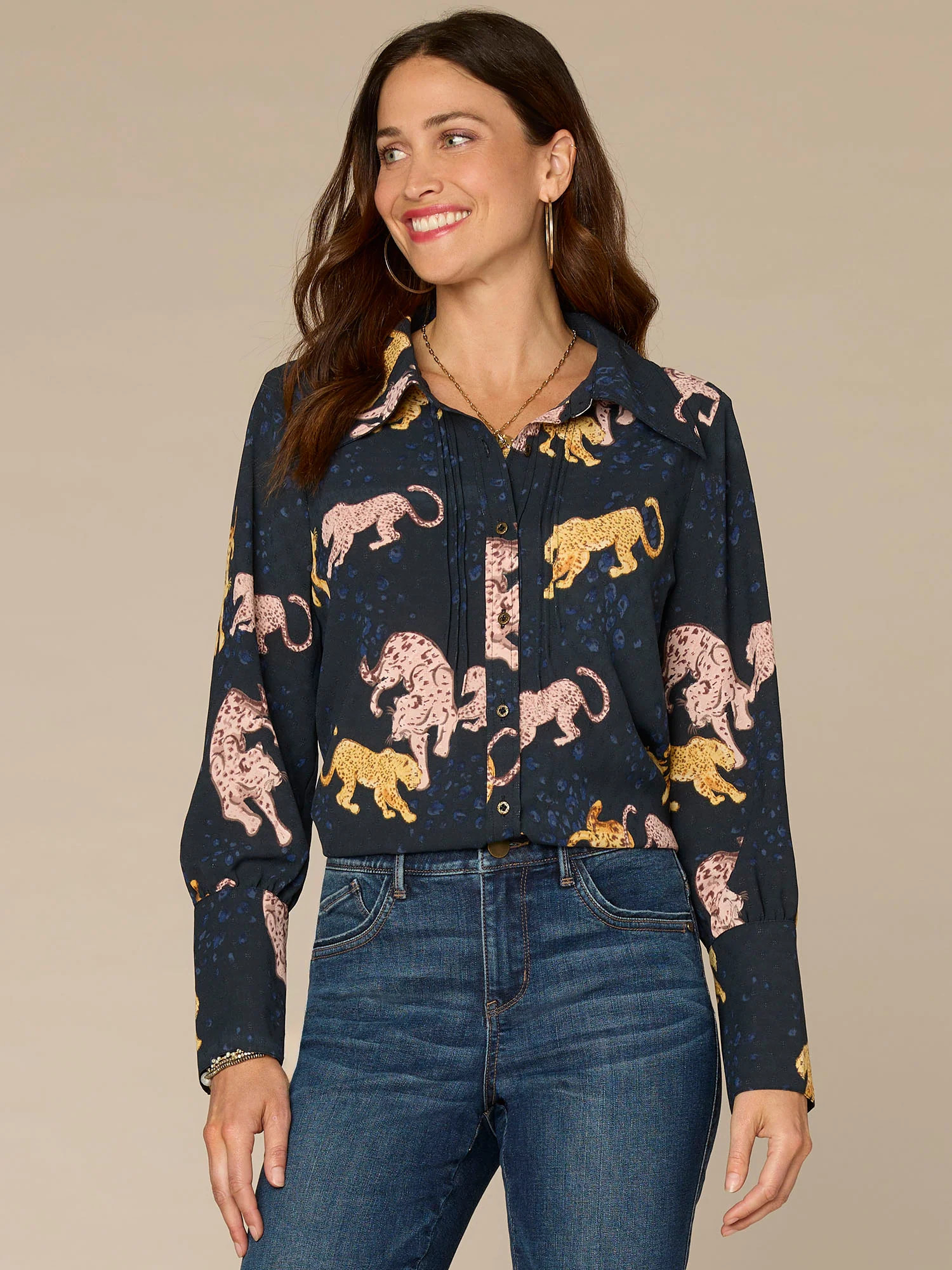 Long French Cuff Band Sleeve Button Down Animal Print Petite Woven Top | Democracy Clothing