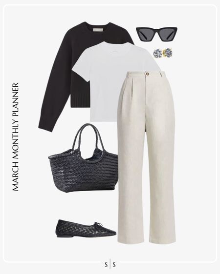 Monthly outfit planner: MARCH: Winter to Spring transitional looks | linen trouser, white tee, black crewneck sweater, woven ballet flats, woven tote, staple accessoriess 

See the entire calendar on thesarahstories.com ✨ 


#LTKstyletip