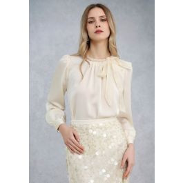 Pearly Neckline Side Bowknot Satin Top in Cream | Chicwish