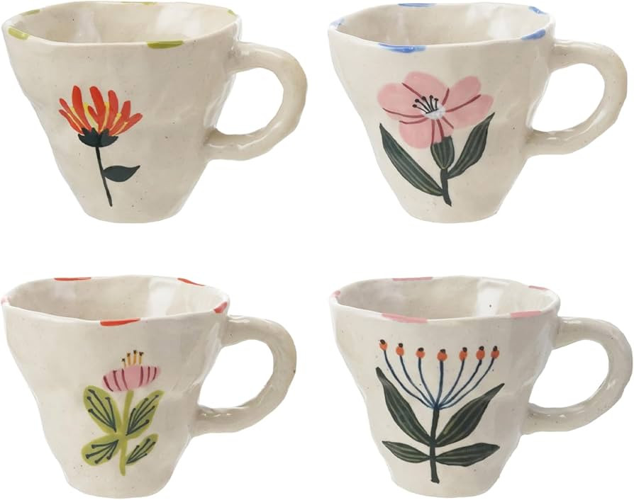 Creative Co-Op 4-Piece Stoneware Mug with Flower Image, Multicolor | Amazon (US)
