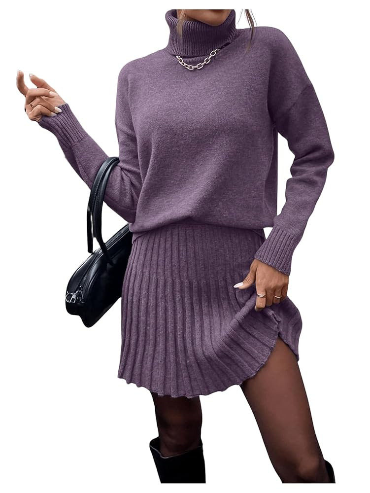 MakeMeChic Women's Sweater Skirt Sets 2 Piece Outfits Ribbed Knit Mock Neck Sweater Pullovers A L... | Amazon (US)