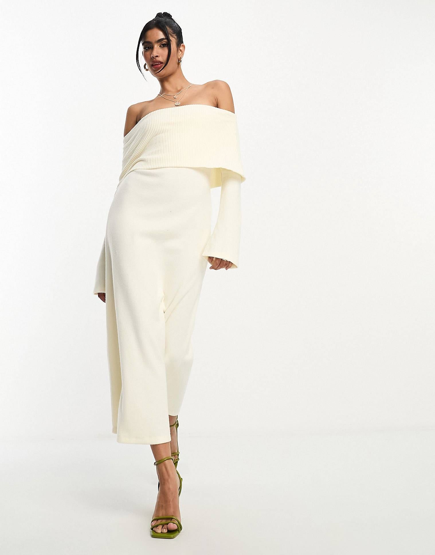 ASOS DESIGN super soft bardot midi dress with flare sleeve in winter white | ASOS (Global)