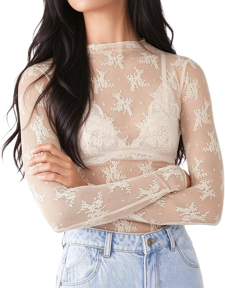 Sheer Mesh Long Sleeve Layering Top for Women Mock Neck Floral Lace Tshirt See Through Tee Shirt ... | Amazon (US)