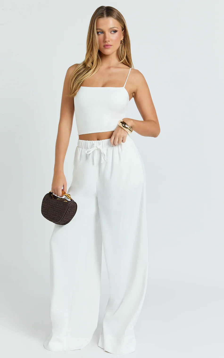 High Waist Elasticated Gathered Waist Wide Leg Pants in White | Showpo (US, UK & Europe)