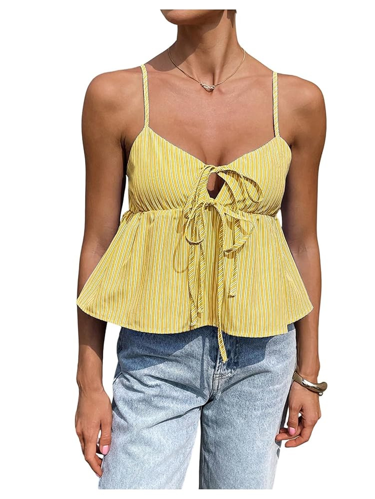 Milumia Women's Striped V Neck Spaghetti Strap Babydoll Peplum Tank Top Tie Front Ruffle Cami Cro... | Amazon (US)