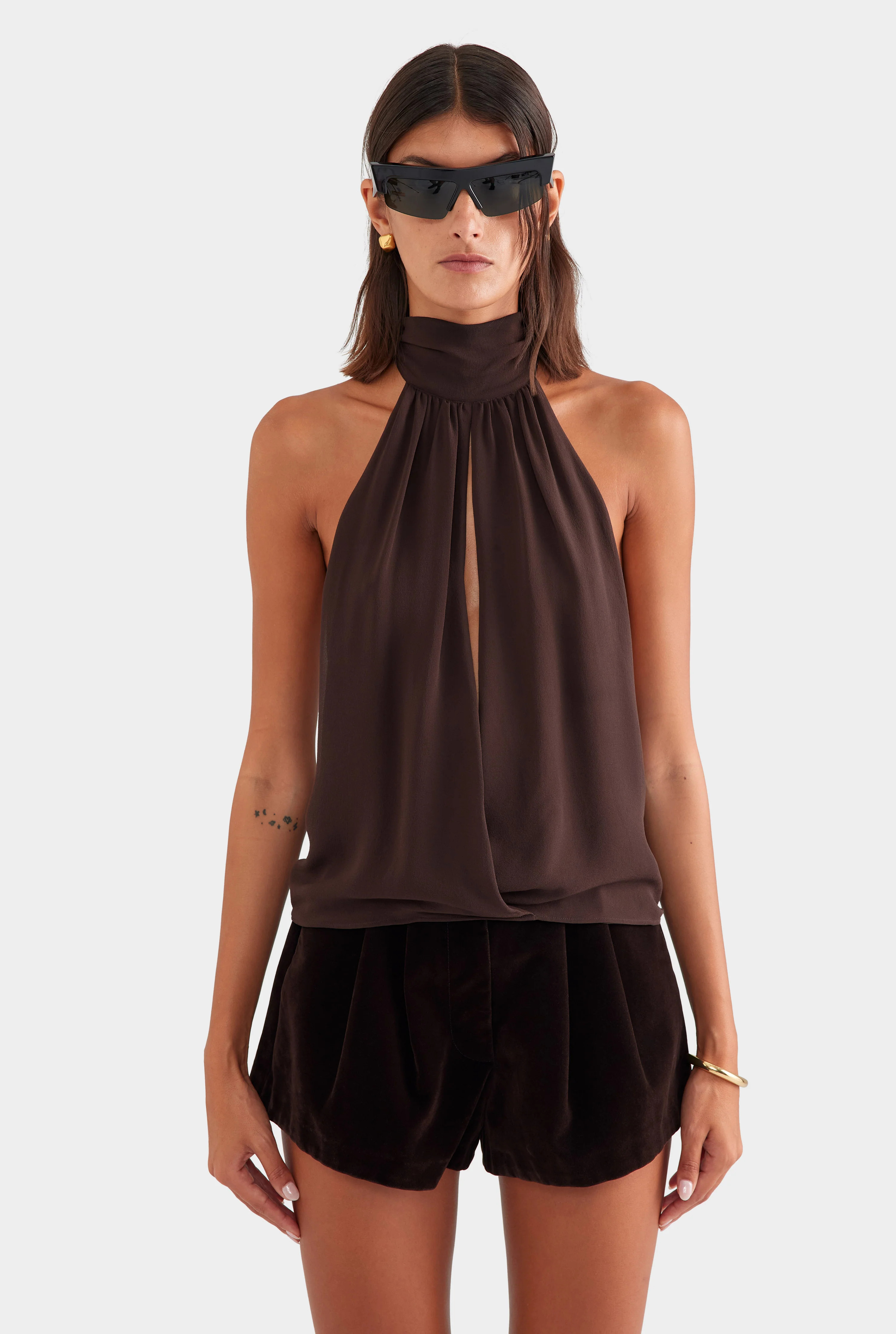 Womens Silk Halter Top Dark Chocolate | Venroy | Venroy AU