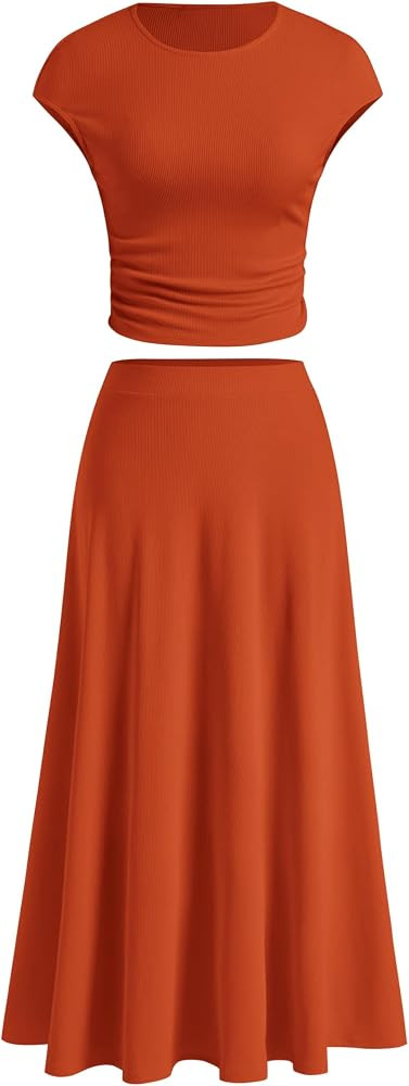 BTFBM Women Two Piece Skirt Set Casual Ribbed Knit Crew Neck Short Sleeve Cropped Top Elastic Wai... | Amazon (US)