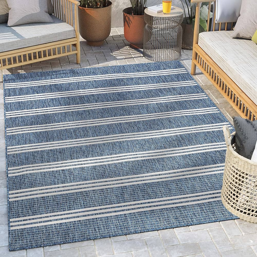 Well Woven Indoor/Outdoor 7'10" x 9'10" Area Rug Catalina Navy Blue Nautical Striped | Amazon (US)