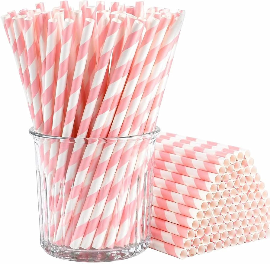 100 Pack Pink and White Striped Paper Straws, 7.75 Inch Disposable Drinking Straws for Birthday, ... | Amazon (US)
