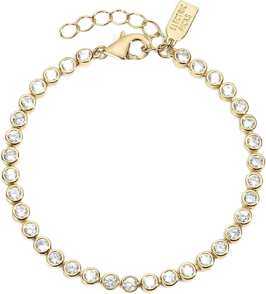 Bezel Tennis Bracelet for Women, 14k Gold Plated 3mm Bezel-Set Stone Chain Bracelet, 6.5" with 1.... | Amazon (US)