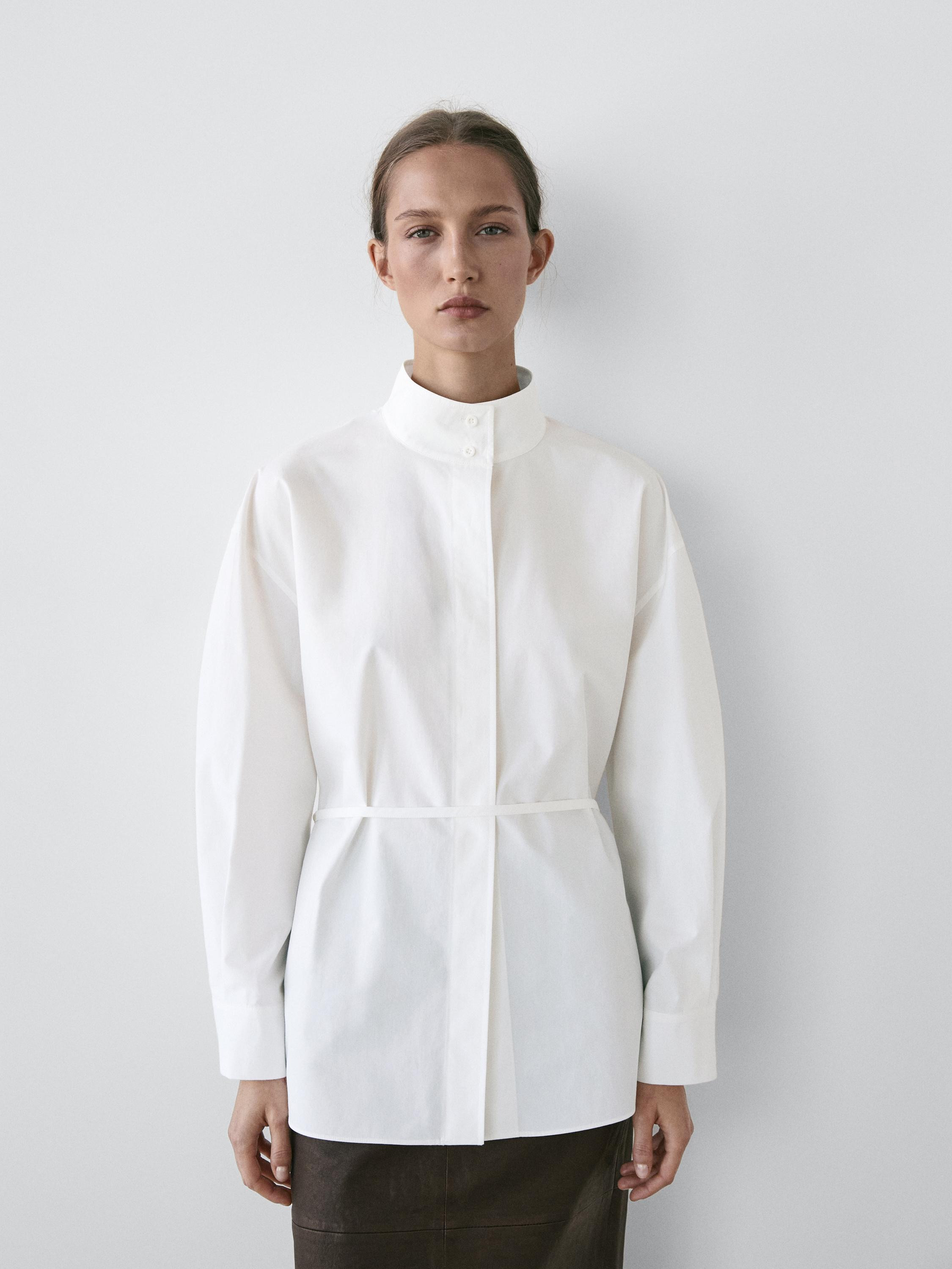 High neck shirt with strap detail | Massimo Dutti UK