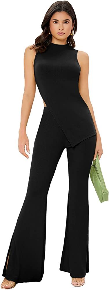 Floerns Women's Mock Neck Slit Hem Tank Top and Pants Set Two Piece Outfit | Amazon (US)