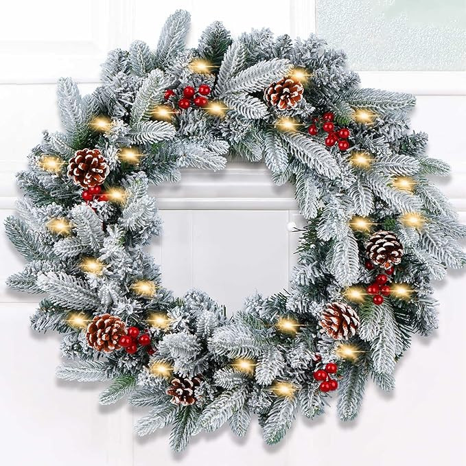 24 Inch Pre-Lit Christmas Wreath for Front Door Flocked Wreath with Warm Lights 8 Modes Battery P... | Amazon (US)
