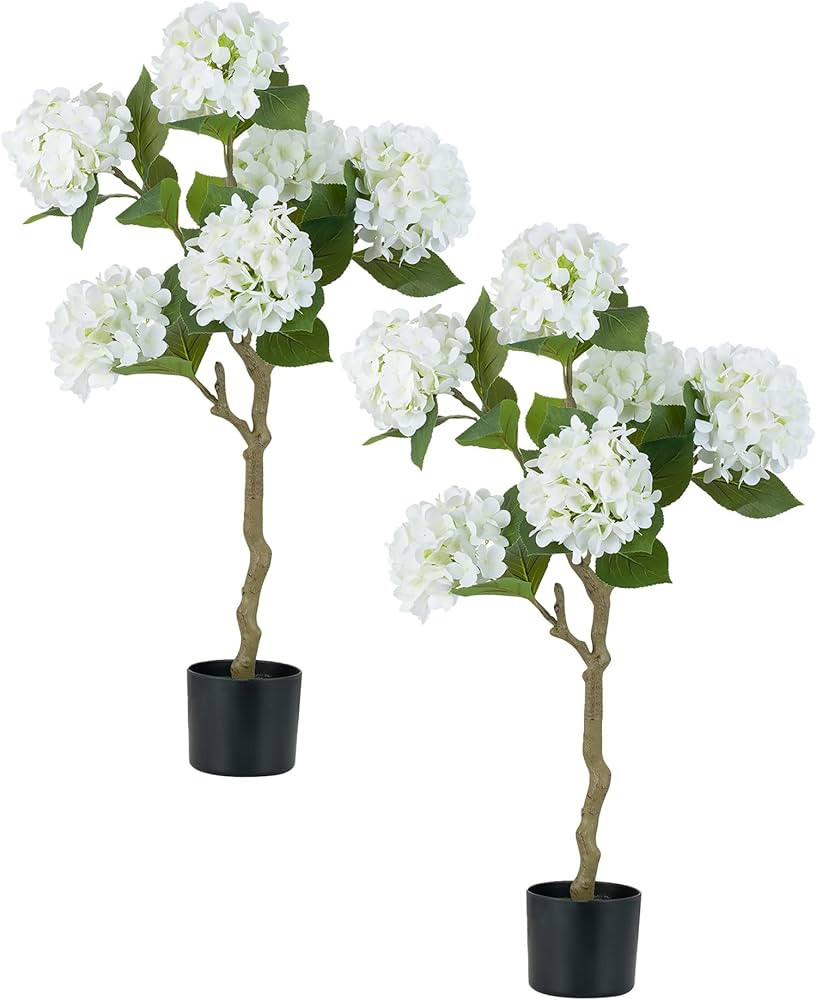 BLOSMON White Hydrangea Fake Tree: 2pc 39 Inch Artificial Silk Plants for Home Living Room Decor ... | Amazon (US)
