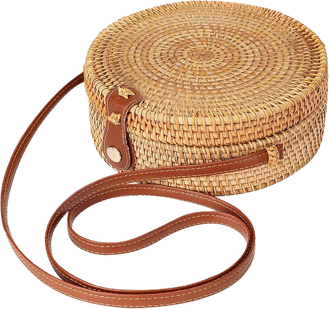 Rattan Shoulder Bag,Rattan Crossbody Bag for Women Rattan Bag Round Woven Shoulder Bag with Leath... | Amazon (UK)