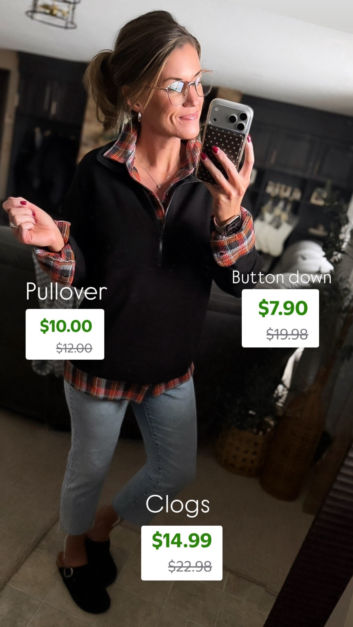 Walmart pieces on sale. 
Wearing small in pullover and button down. 6 in jeans. Clogs tts  

#LTKSaleAlert #LTKootd #LTKSeasonal