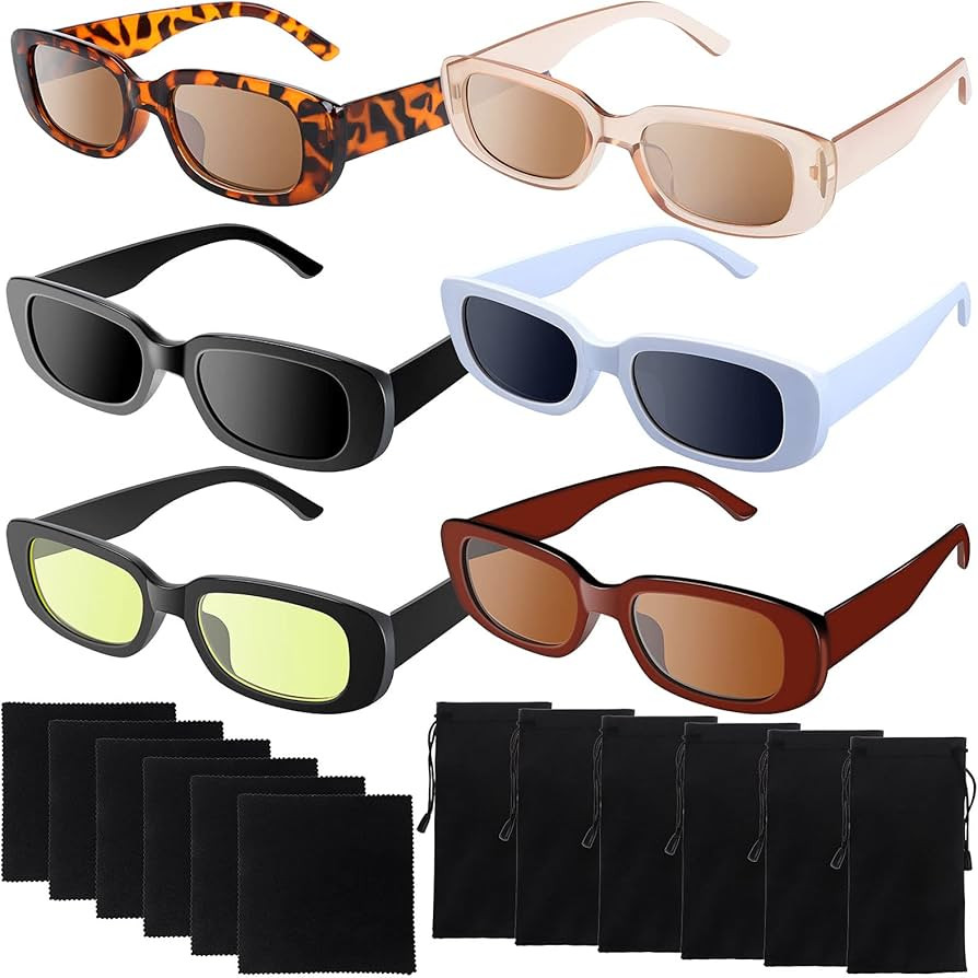6 Pairs Retro Rectangle Sunglasses with 6 Black Microfiber Glasses Pouch and Glasses Cloths Color... | Amazon (UK)