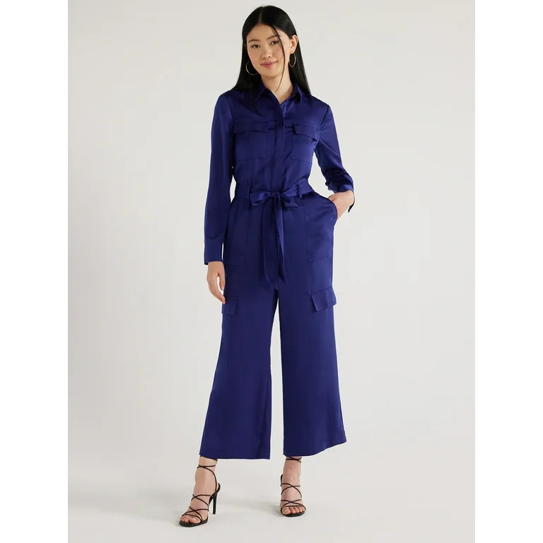 Scoop Women's Wide Leg Satin Jumpsuit with Cargo Pockets, Sizes XS-2XL | Walmart (US)