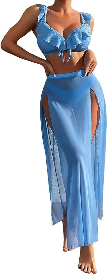 Verdusa Women's 3 Piece Ruffle Trim V Neck Bikini Sets Swimsuit with Cover Up Skirt | Amazon (US)