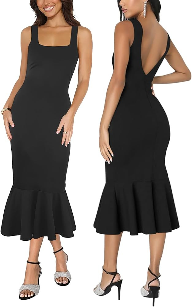 Women's Elegant Midi Bodycon Dress Sleeveless Square Neck Backless Ruffle Hem Mermaid Formal Cock... | Amazon (US)