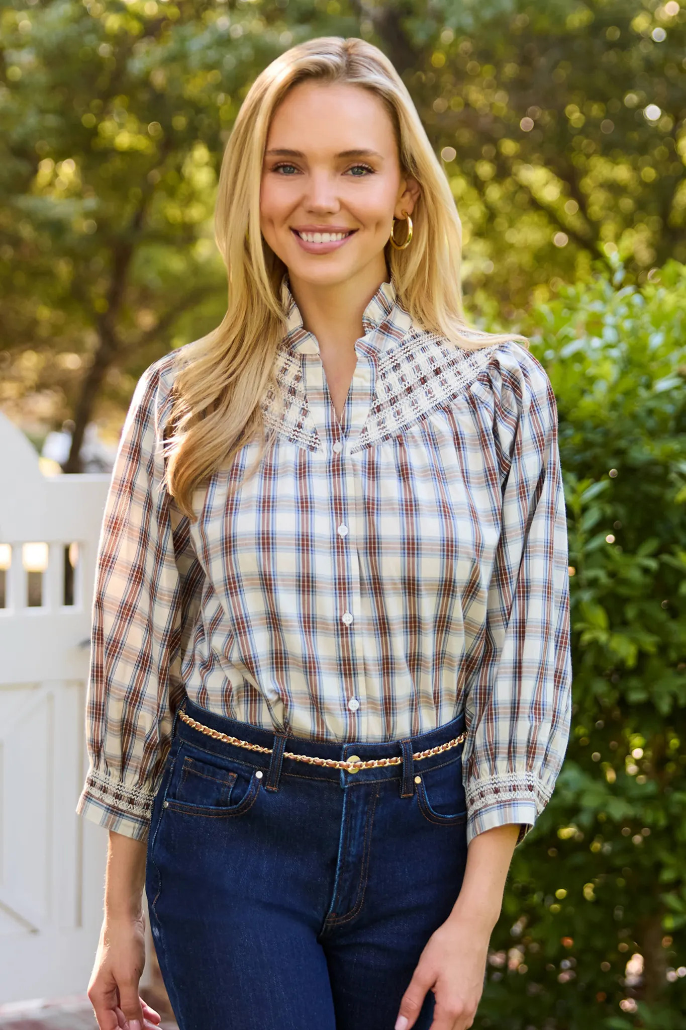 Von Brown Plaid Smocked Detail Top | Avara