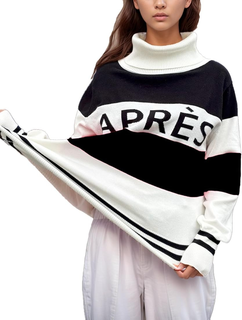 Women Stripe Sleeve Sweaters Turtleneck Warm Sweaters Apres Ski Patchwork Colorblock Tops Winter ... | Amazon (US)