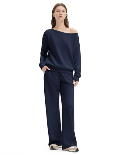 SUUKSESS Women 2 Piece Lounge Matching Set Off Shoulder Sweatshirt Wide Leg Sweatpant | Amazon (US)