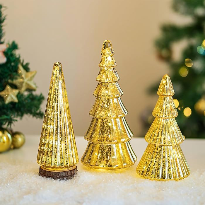 Hewory Mercury Glass Christmas Tree: Set of 3 Gold Table Top Christmas Ornaments Trees with LED L... | Amazon (US)