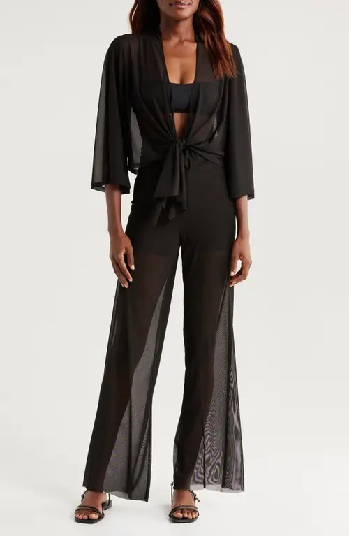 Elan Sheer Tie Front Cover-Up Top in Solid Black at Nordstrom | Nordstrom