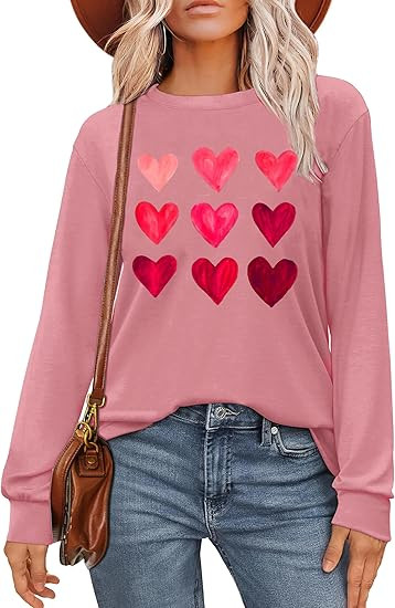 VVNTY Valentine Shirts for Women: Cute Love Graphic Tee Long Sleeve Heart Tops | Amazon (US)
