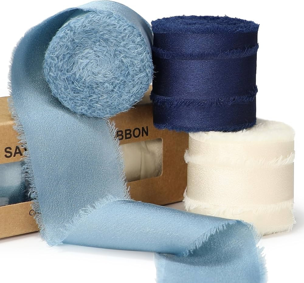 Keypan Blue Ivory Ribbon for Gift Wrapping, Silk Satin Chiffon Frayed Fabric Ribbons for Crafts F... | Amazon (US)