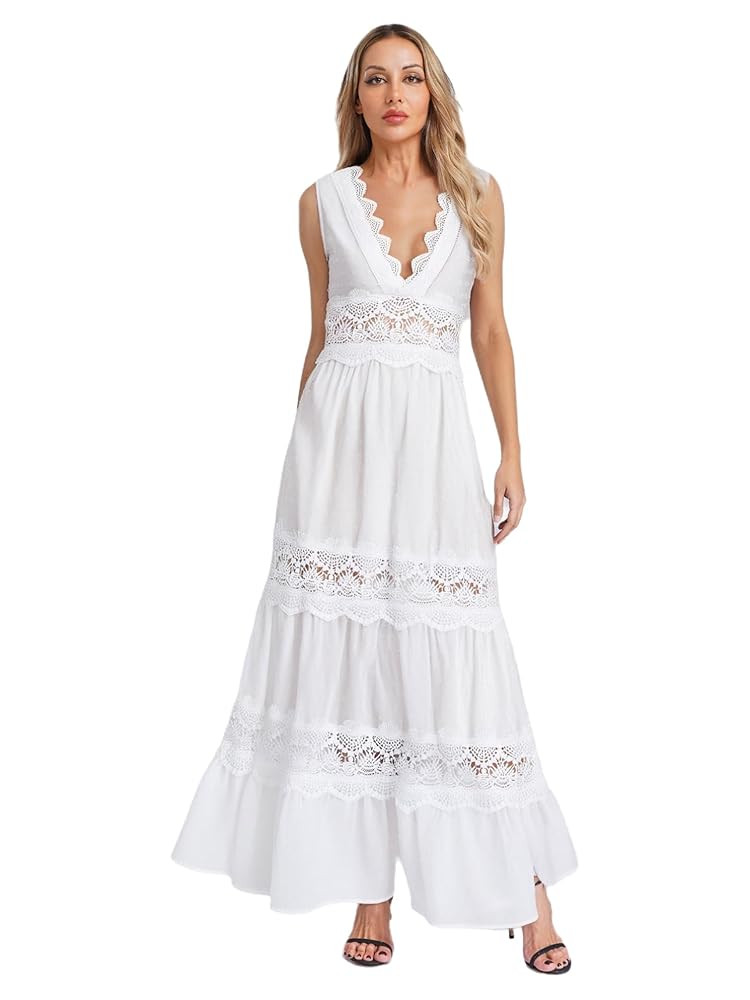 TiaoBug Women's V-Neck Sleeveless Hollow Out Lace Casual A-line White Maxi Dresses for Summer Bea... | Amazon (US)