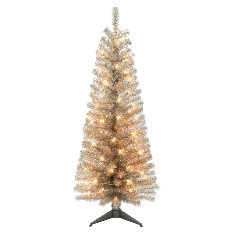 CC Christmas Decor 4.5' Pre-lit Rose Gold Tinsel Slim Artificial Christmas Tree, Clear Lights | Walmart (US)