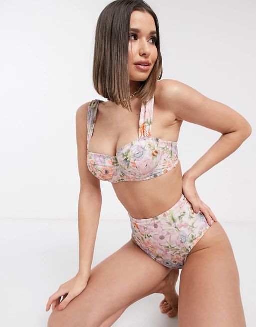 ASOS DESIGN fuller bust high waist bikini bottom in WATERCOLOR floral print | ASOS (Global)