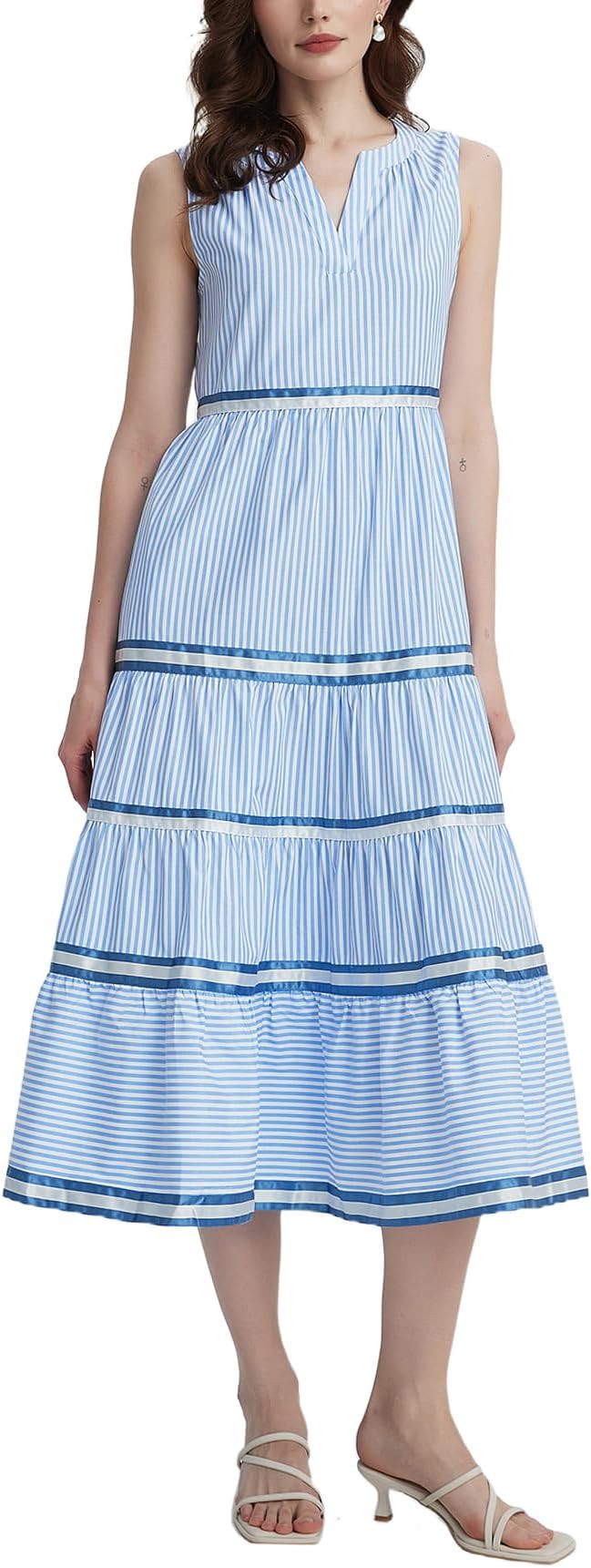 Women's Sleeveless Striped Tiered Maxi Dress Casual V Neck A Line Long Flowy Beach Dress | Amazon (US)