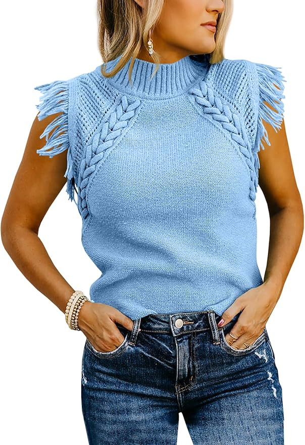 Saodimallsu Womens Sleeveless Sweater Vest Mock Neck Cable Knit Fringe Cap Sleeve Boho Trendy Pul... | Amazon (US)