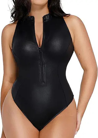 Popilush Leather Bodysuit for Women Tummy Control Shapewear Mock Turtleneck Thong Body Suits Zip ... | Amazon (US)