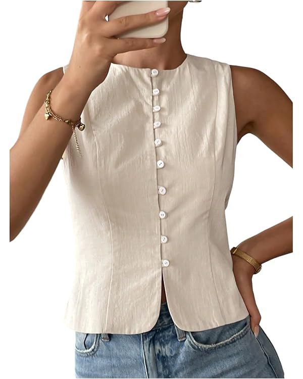 OYOANGLE Women's Button Up Dressy Vest Shirt Crew Neck Sleeveless Blouse Business Casual Outfits | Amazon (US)