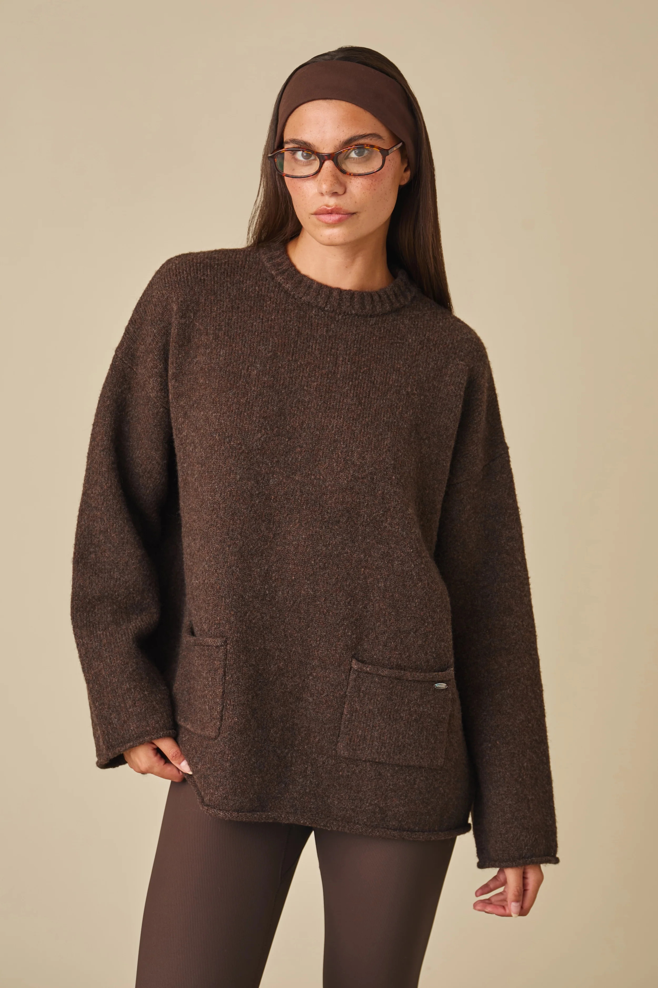 Oversized Knitted Crew Neck Jumper - Espresso | Reasn