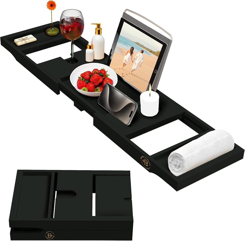 Bambsi Premium Bamboo Bathtub Tray Caddy, Black, Rectangular | Amazon (US)