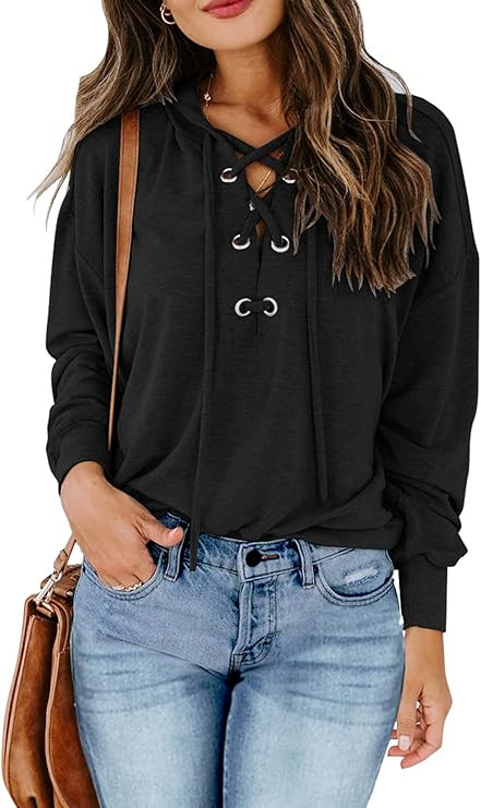 Yuccalley Women's Lace Up V Neck Hoodies Criss Cross Hooded Sweatshirts Casual Long Sleeve Tops S... | Amazon (US)