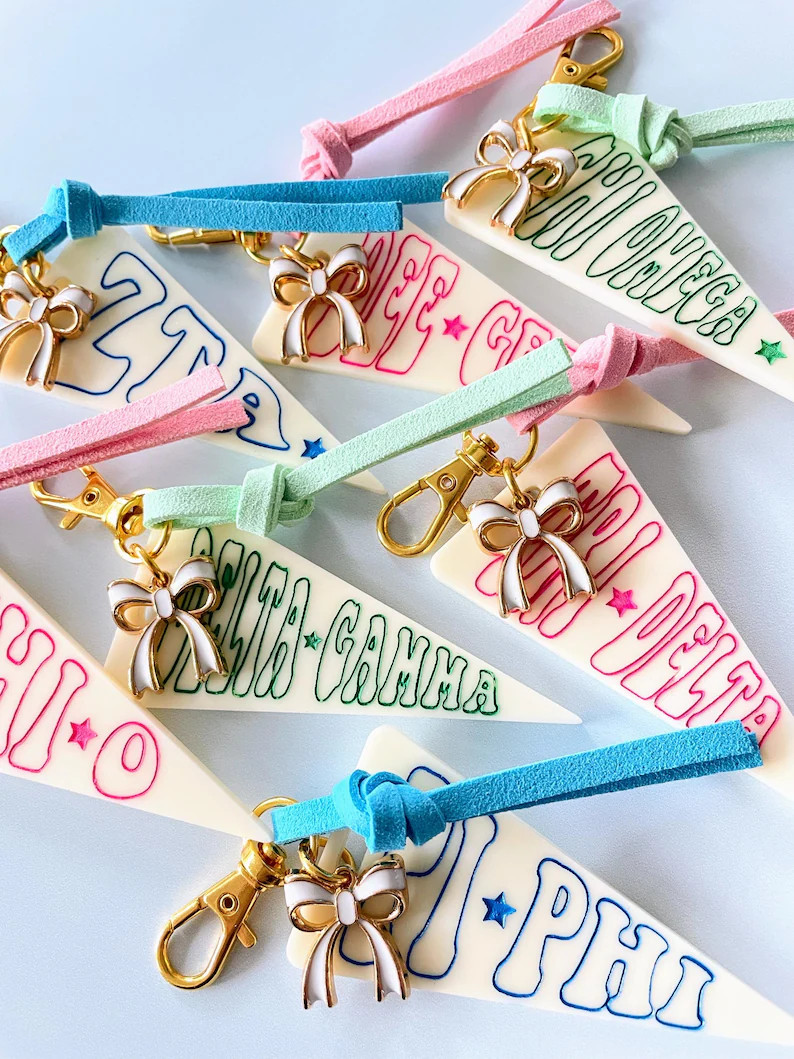Sorority Pennant Keychain l Personalized Greek Letters Keychain with Bow Charm l Sorority Pennant... | Etsy (Global)