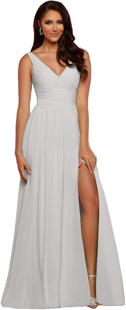 WaterDress V-Neck Bridesmaid Dress Long with Slit Chiffon A-line Pleated Formal Dresses for Women... | Amazon (US)