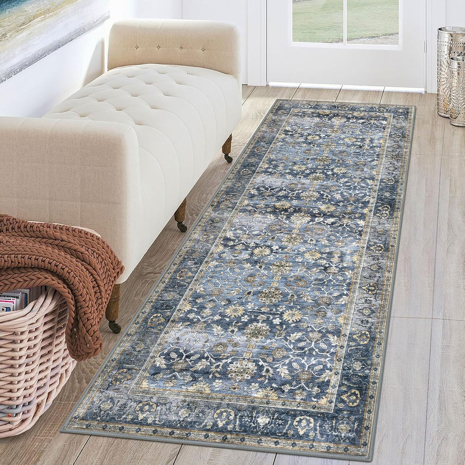 Vintage Washable Runner Rug, 2x6 Blue Grey Beige Hallway Runner | Amazon (US)